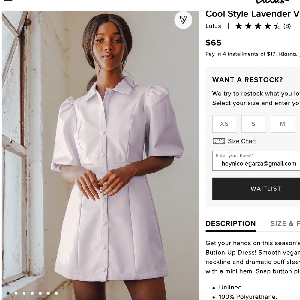 Cool Style Lavender Vegan Leather Puff Sleeve Button-Up Dress